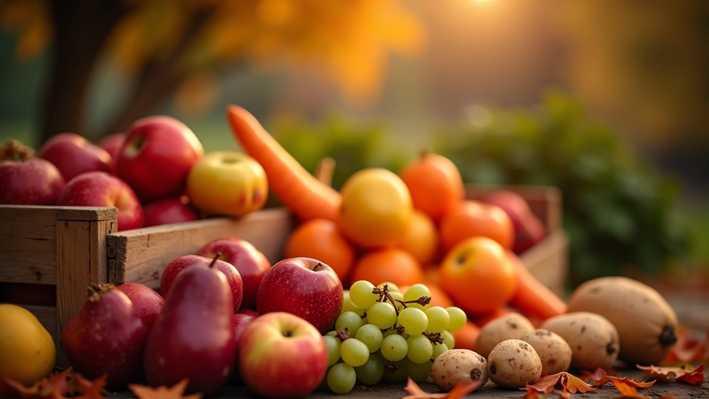 Herbstliche Marktstände mit roten Äpfeln, Birnen, Trauben und Wurzelgemüse in rustikaler Anordnung mit Herbstblättern