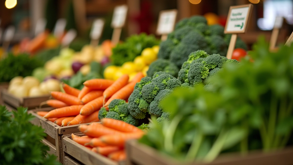 Verschiedene Gemüsesorten wie Brokkoli, Karotten und Blattgemüse in Kisten auf einem Bauernmarkt mit Jahreszeitschildern