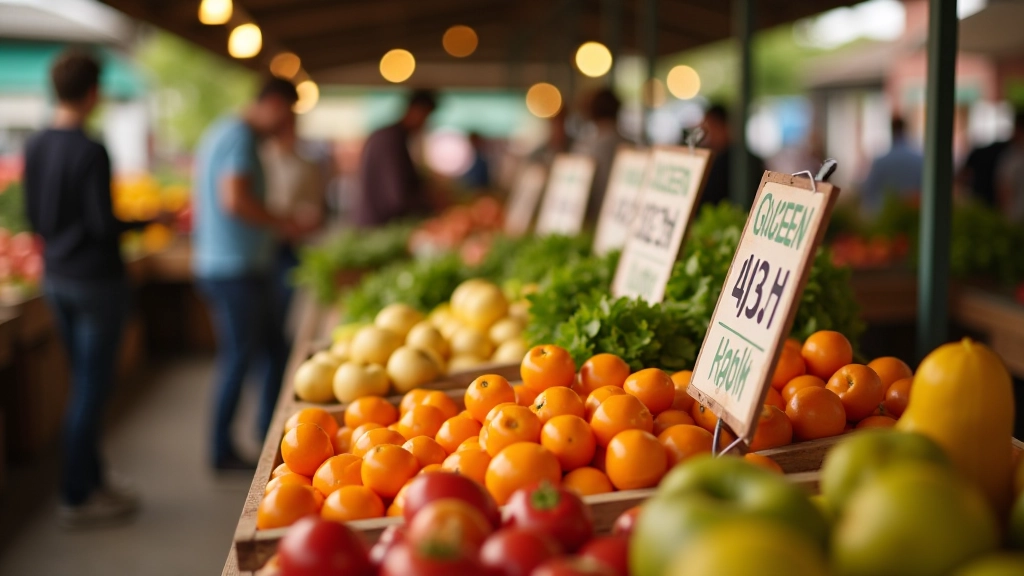 Wochenmarkt mit verschiedenen Gemüseständen und Preisschildern