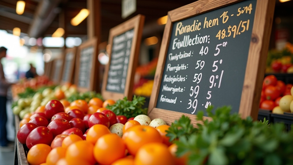 Preistafel an einem Marktstand mit verschiedenen saisonalen Gemüsesorten und deren Preisen, die die Preisschwankungen visualisieren