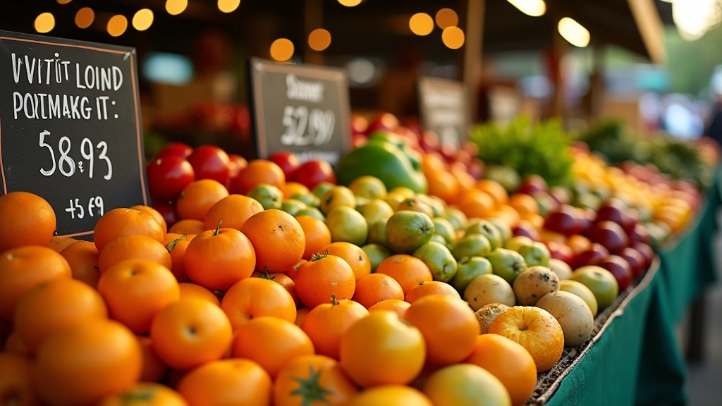 Saisonales Gemüse auf einem Wochenmarkt mit Preisschildern und Jahreszeitangaben