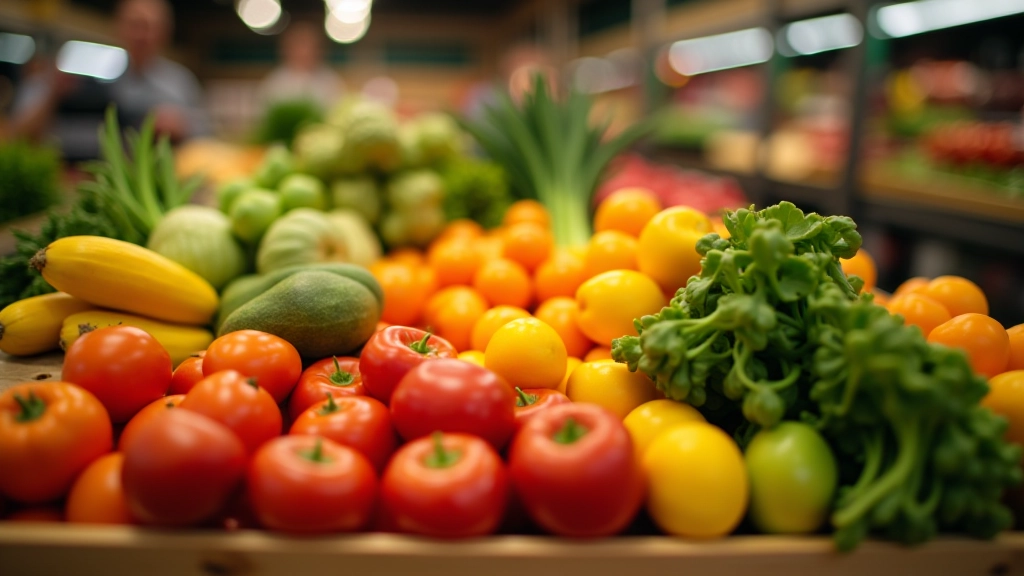 Saisonal verfügbares Obst und Gemüse arrangiert nach Jahreszeiten, zeigt Unterschiede in Verfügbarkeit und Preisen