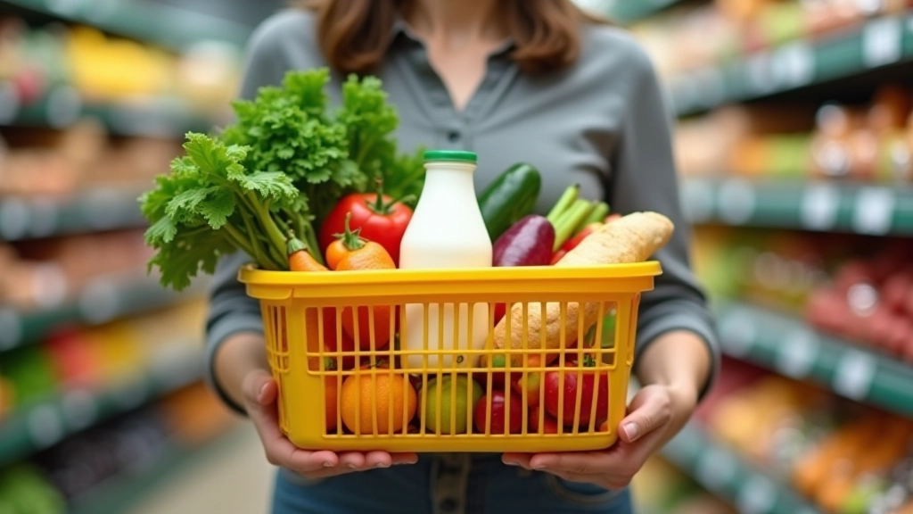 Verschiedene Lebensmittel und Produkte in einem Einkaufswagen