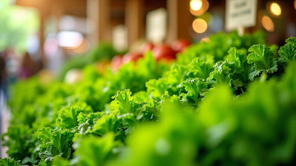 Frischer grüner Spargel und zartes Blattgemüse in Marktständen mit Frühlingsdekoration und Preisschildern
