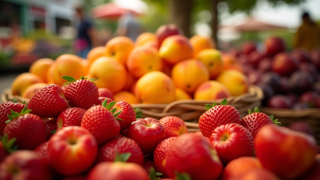Bunte Sommerfrüchte wie Beeren, Kirschen und Pfirsiche in großen Mengen auf Marktständen mit strahlender Sonne