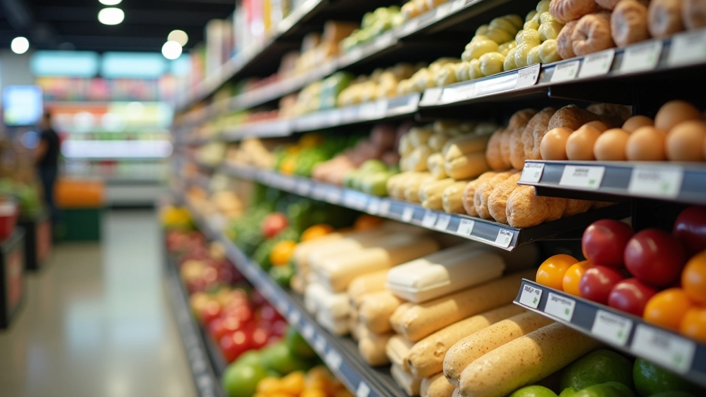 Verschiedene Lebensmittelprodukte mit Preisschildern an einem Supermarkt-Regal, zeigt Preisunterschiede zwischen Kategorien