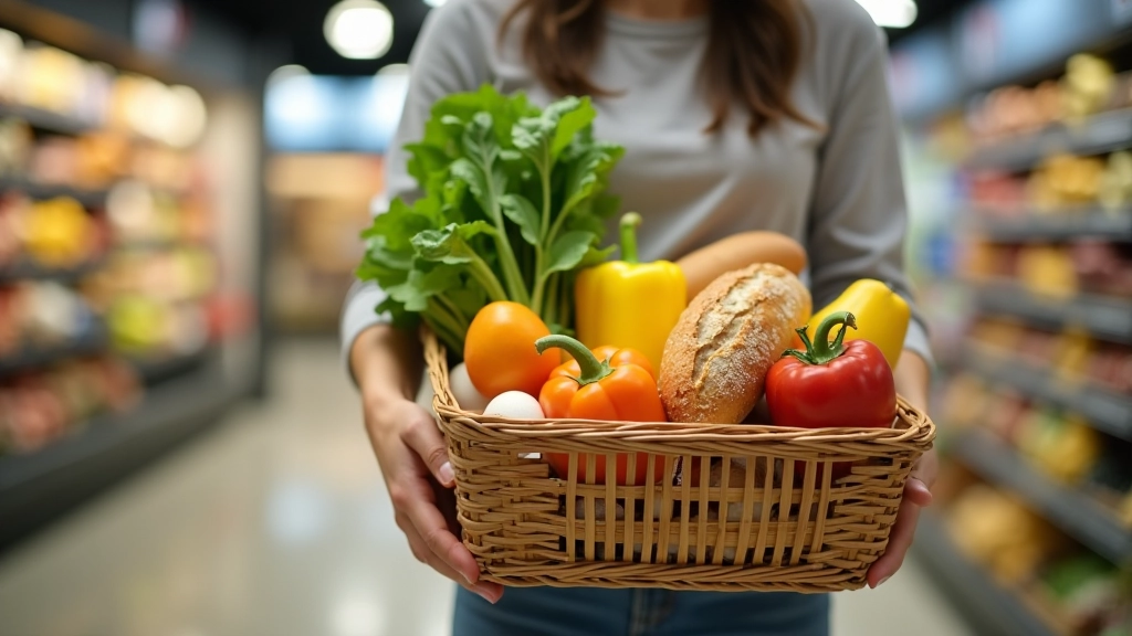Überblick über einen typischen Einkaufskorb mit verschiedenen Lebensmittelkategorien in einem deutschen Supermarkt